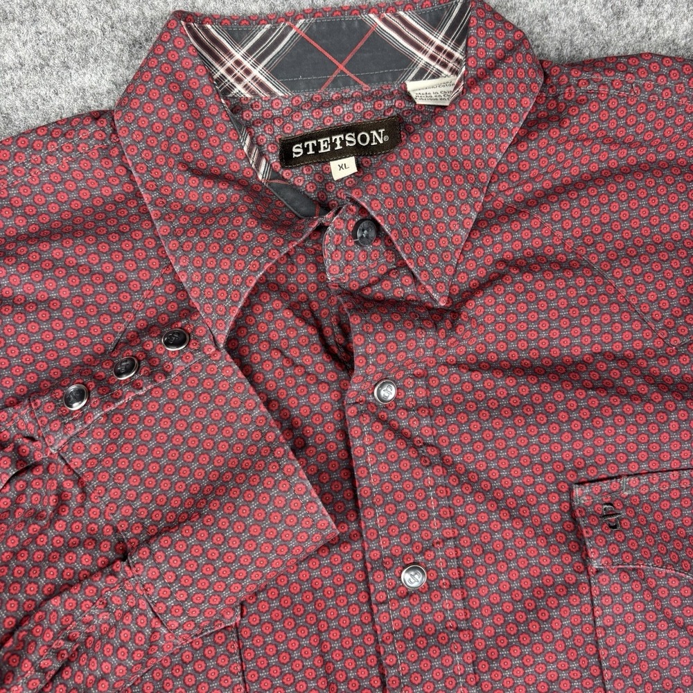 Stetson Western Shirt Mens XL Red Geo Print Pearl Snap Cowboy Rodeo Ranchwear